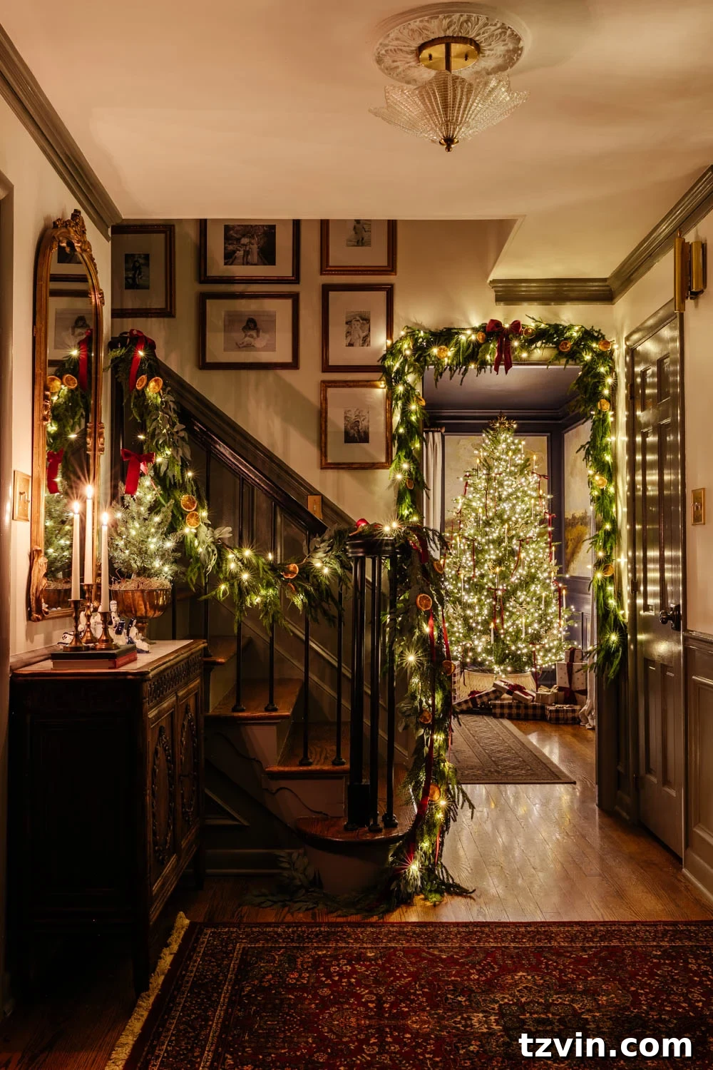 Modern traditional Christmas entryway at night, softly lit by candlelight, creating a warm and welcoming ambiance.