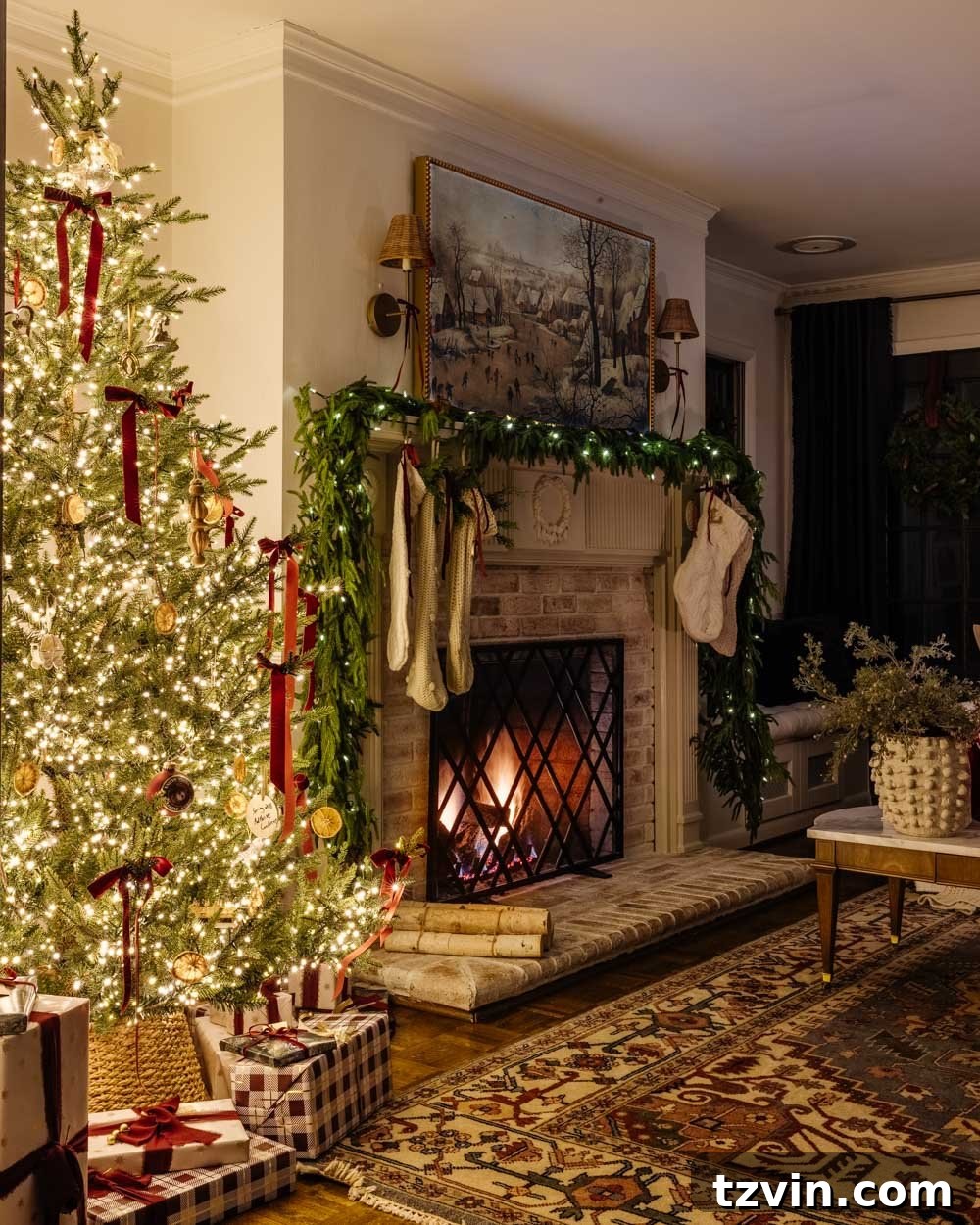 Cozy candlelight Christmas living room tour, featuring a traditional fireplace and a beautifully adorned Christmas tree.