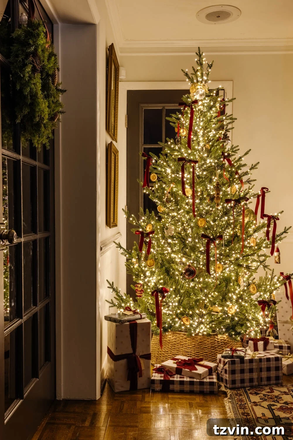 A peaceful candlelight Christmas living room with a warmly lit Christmas tree, creating a serene holiday ambiance.