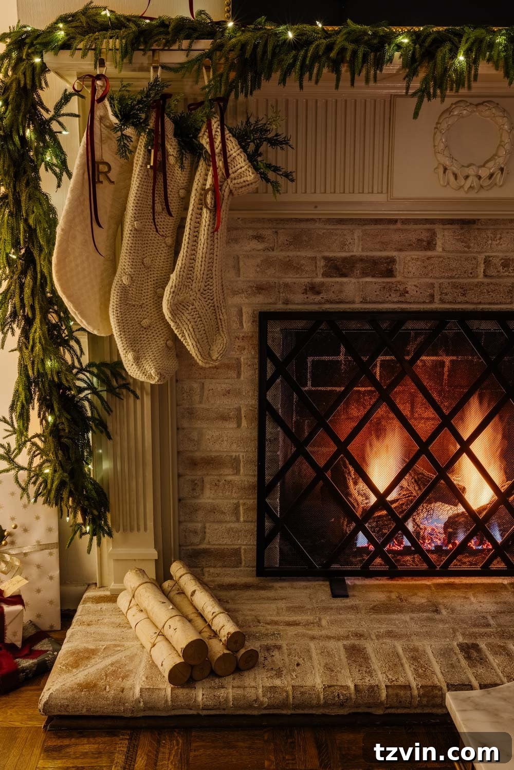 Cozy living room illuminated by candlelight, featuring a traditional fireplace and a festive Christmas tree.