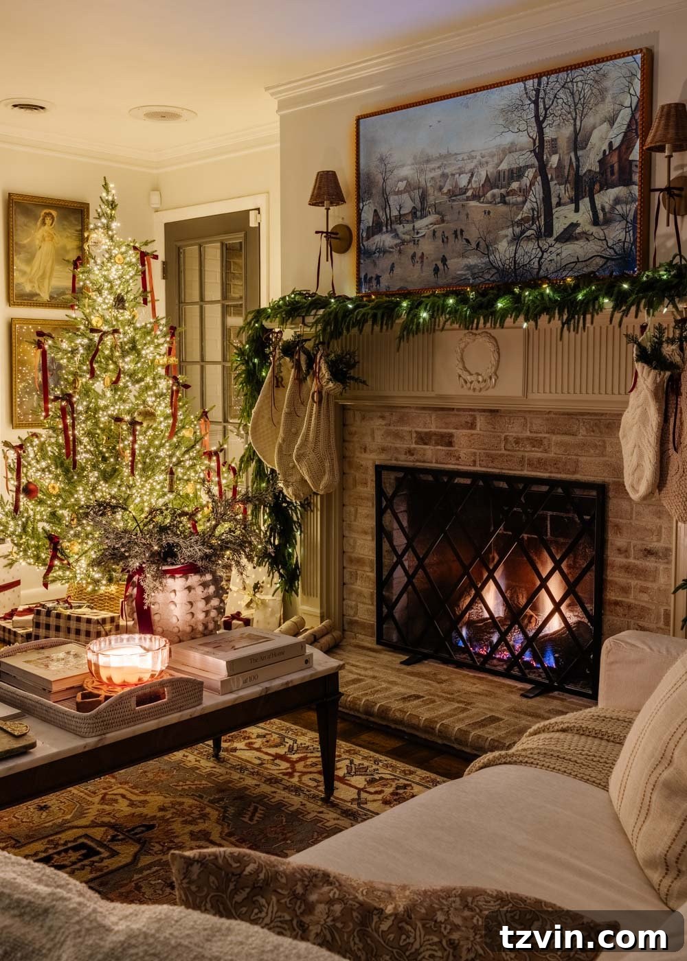 Candlelight Christmas living room tour, showcasing a beautifully decorated Christmas tree and traditional fireplace.