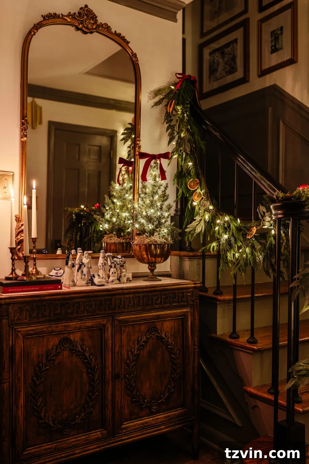 Inviting traditional candlelight Christmas entryway with a nativity scene, exuding warmth and festive spirit.