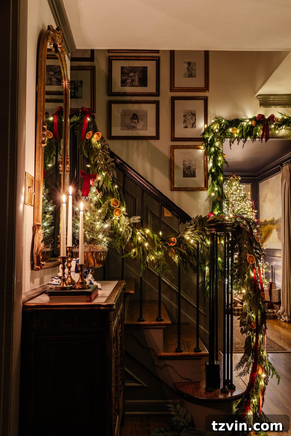 A serene traditional candlelight Christmas entryway, featuring a beautifully arranged nativity scene under soft light.