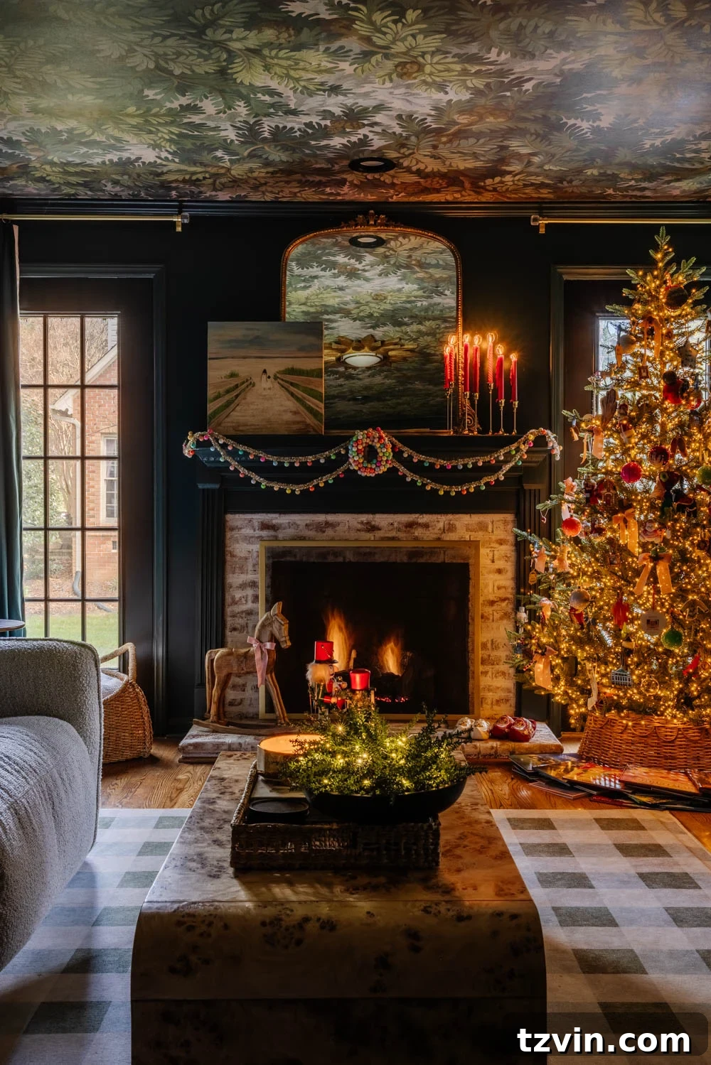 Cozy and moody traditional Christmas media room, featuring a beautifully decorated family tree and comfortable seating for holiday movie nights.
