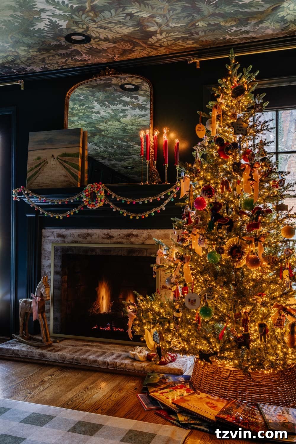 Detailed view of the family Christmas tree in a moody media room, showcasing sentimental ornaments and warm lighting.