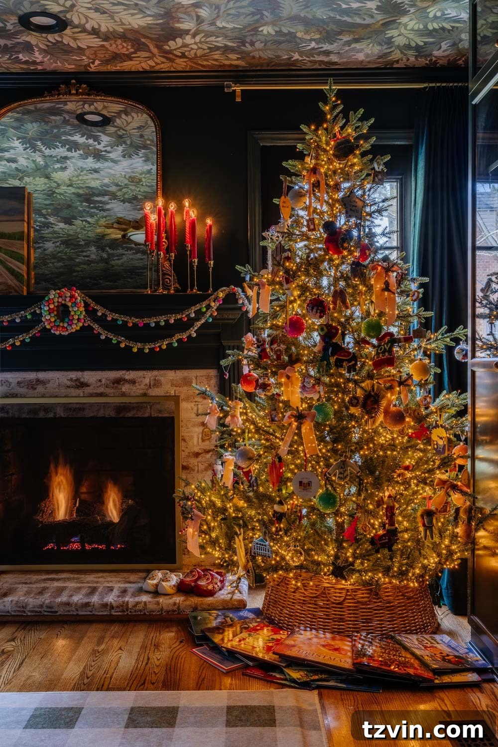 Another perspective of the moody traditional Christmas media room, highlighting the cozy atmosphere and holiday decorations.
