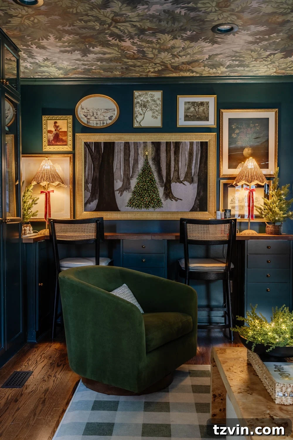 Wide shot of the moody traditional Christmas media room, featuring the projector screen area and festive touches.