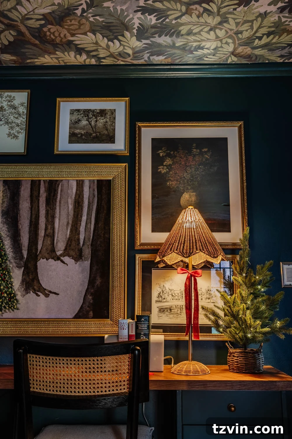 A charming desk lamp in the media room, decorated with subtle Christmas accents, adding warmth to the moody space.