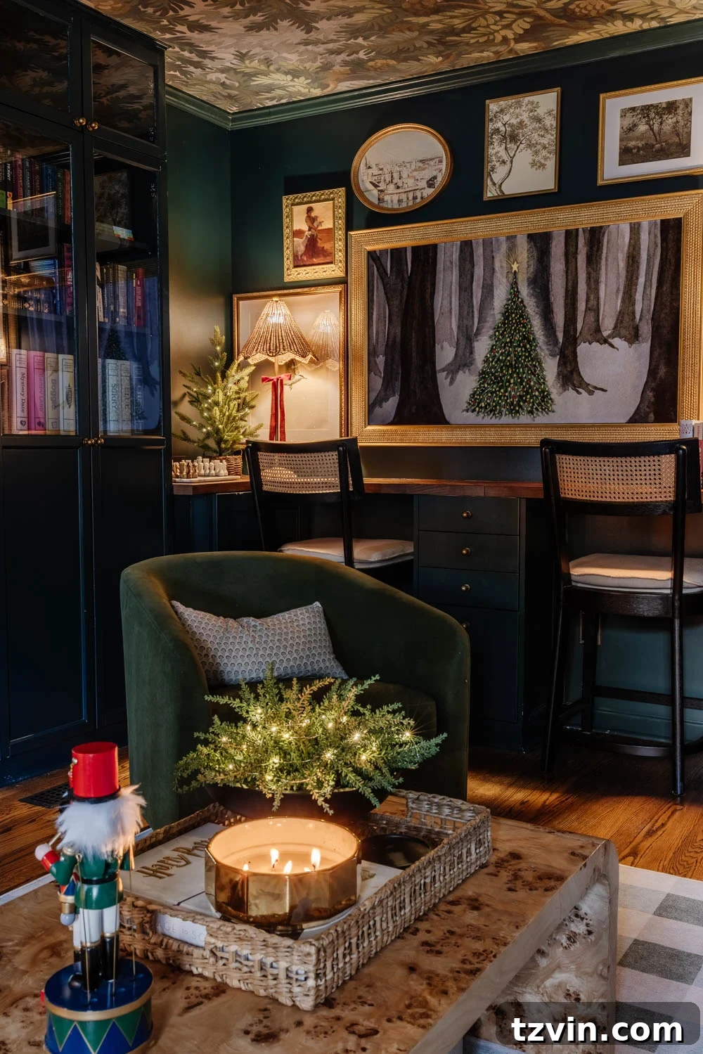 Section of the moody traditional Christmas media room showcasing comfortable seating and integrated holiday decor.