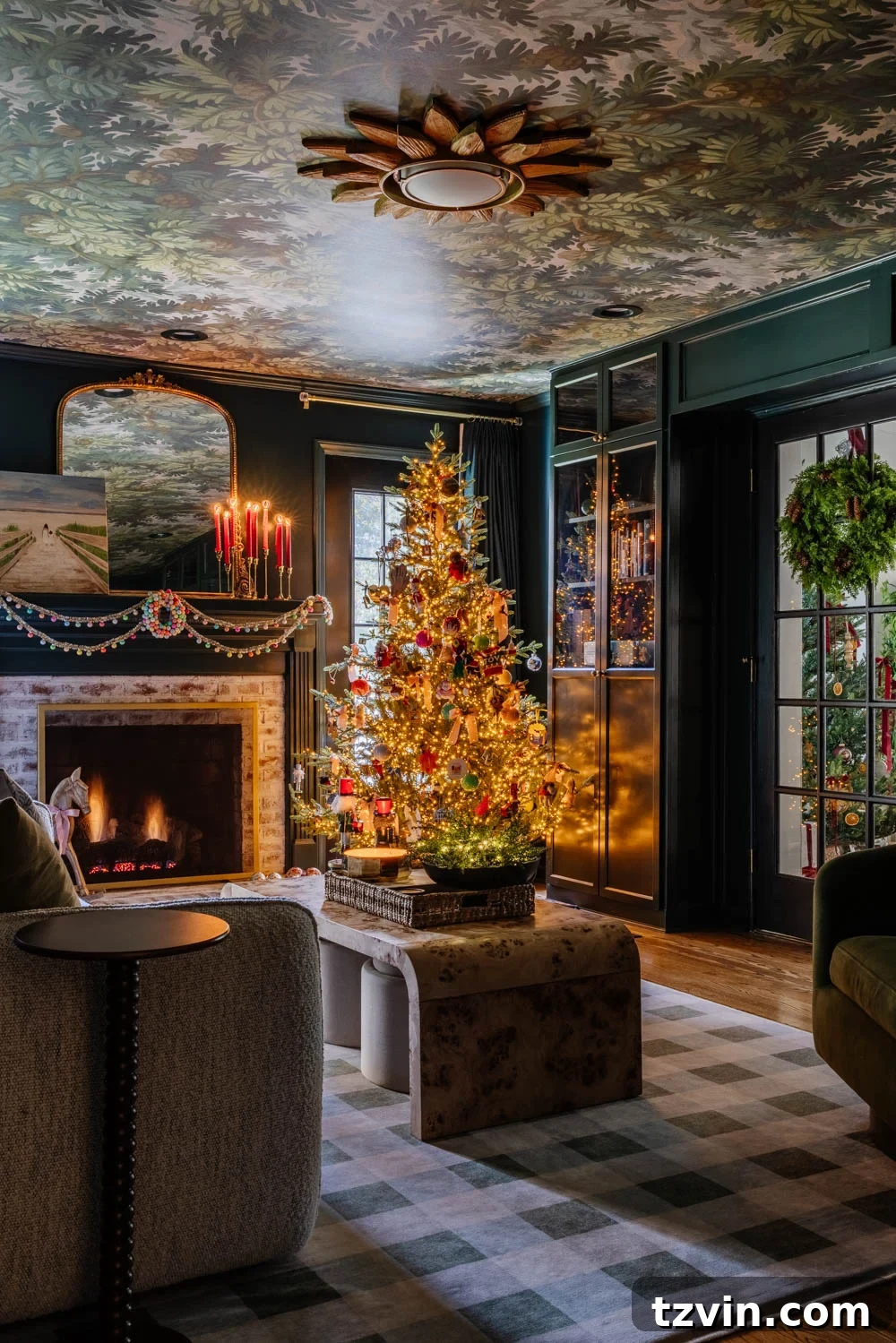 Artfully arranged Christmas decor in a moody traditional media room, featuring festive lighting and rich textures.
