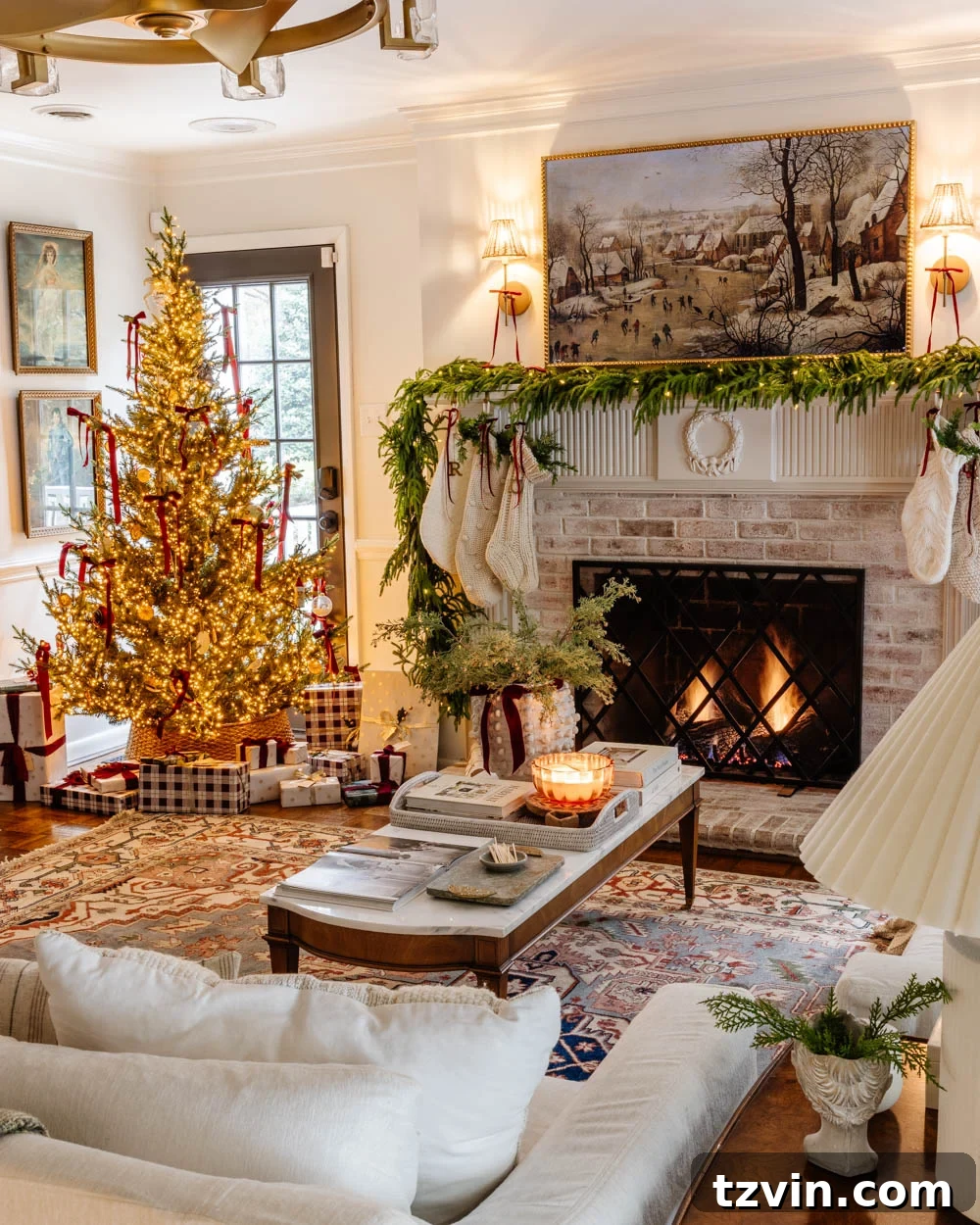 A beautifully decorated modern traditional colonial Christmas living room featuring a festive tree, cozy sofas, and a classic fireplace.