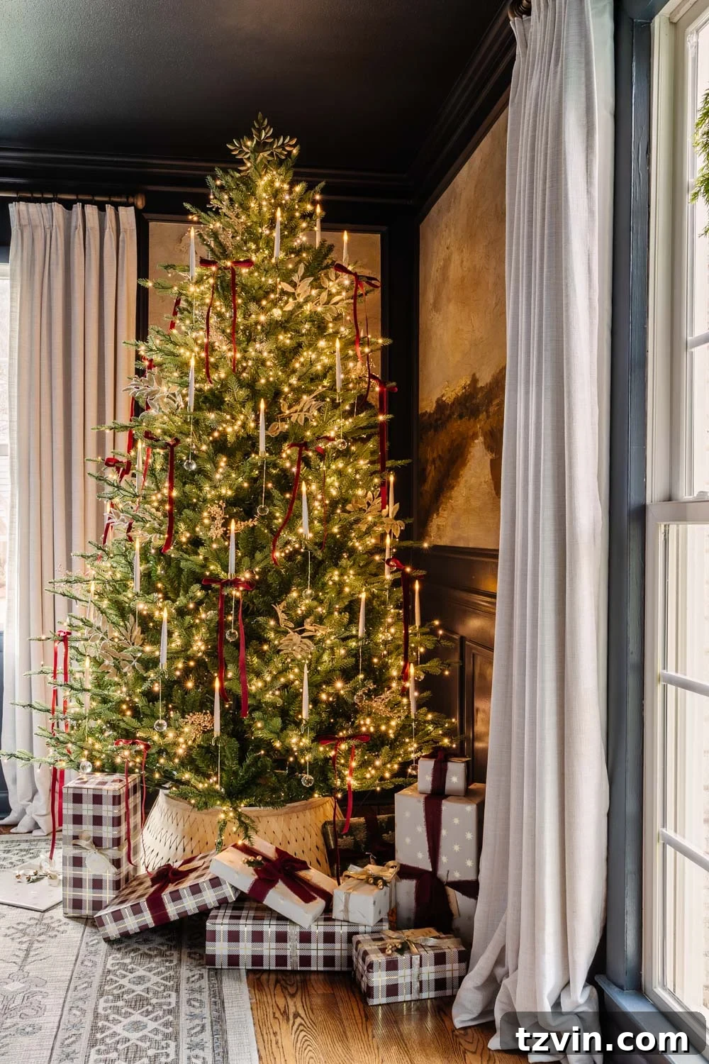 Another angle of the festive modern colonial Christmas dining room, emphasizing the stunning mural wallpaper and holiday accents.