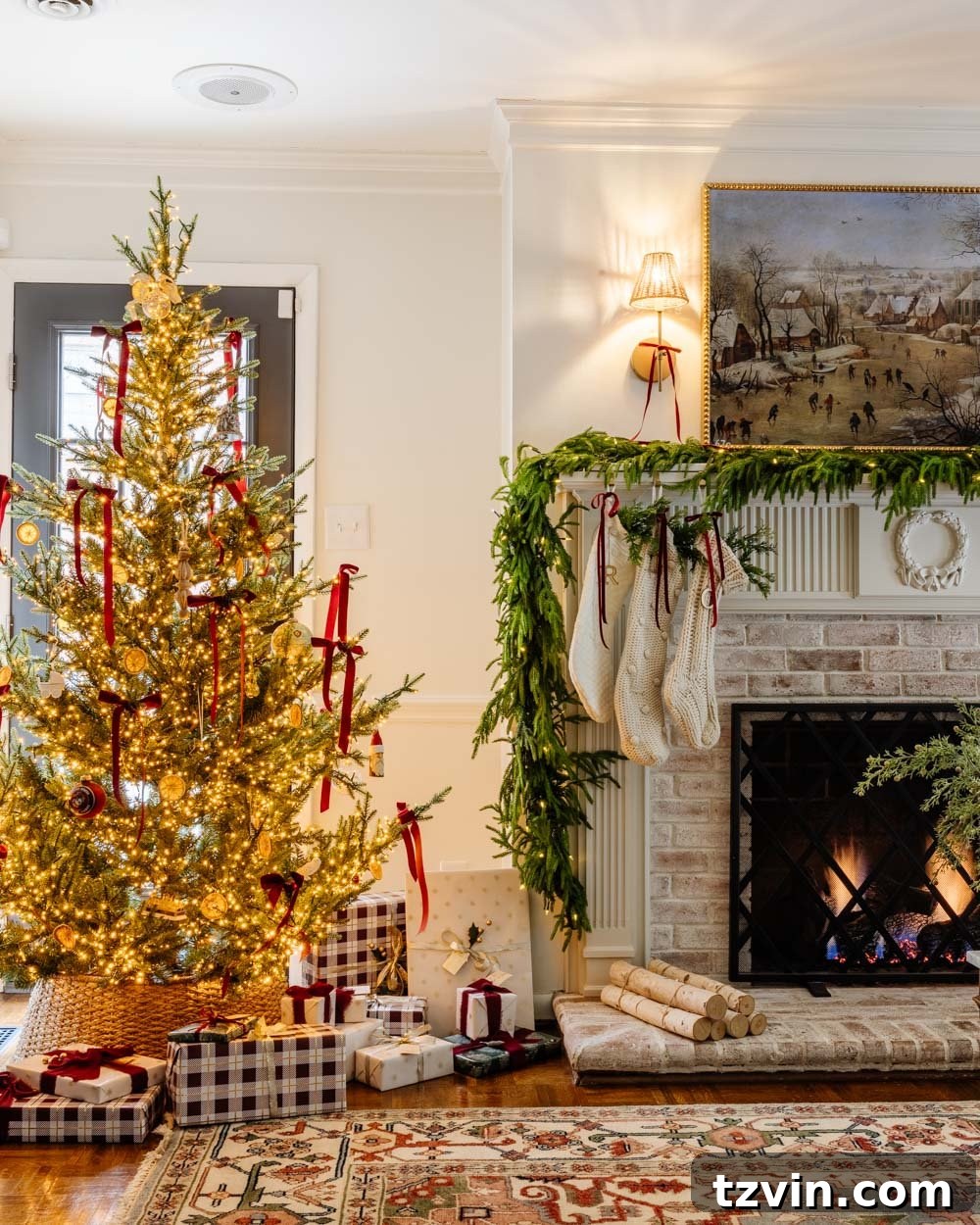 Overview of a serene modern traditional colonial Christmas living room, showcasing the fireplace and holiday decor.