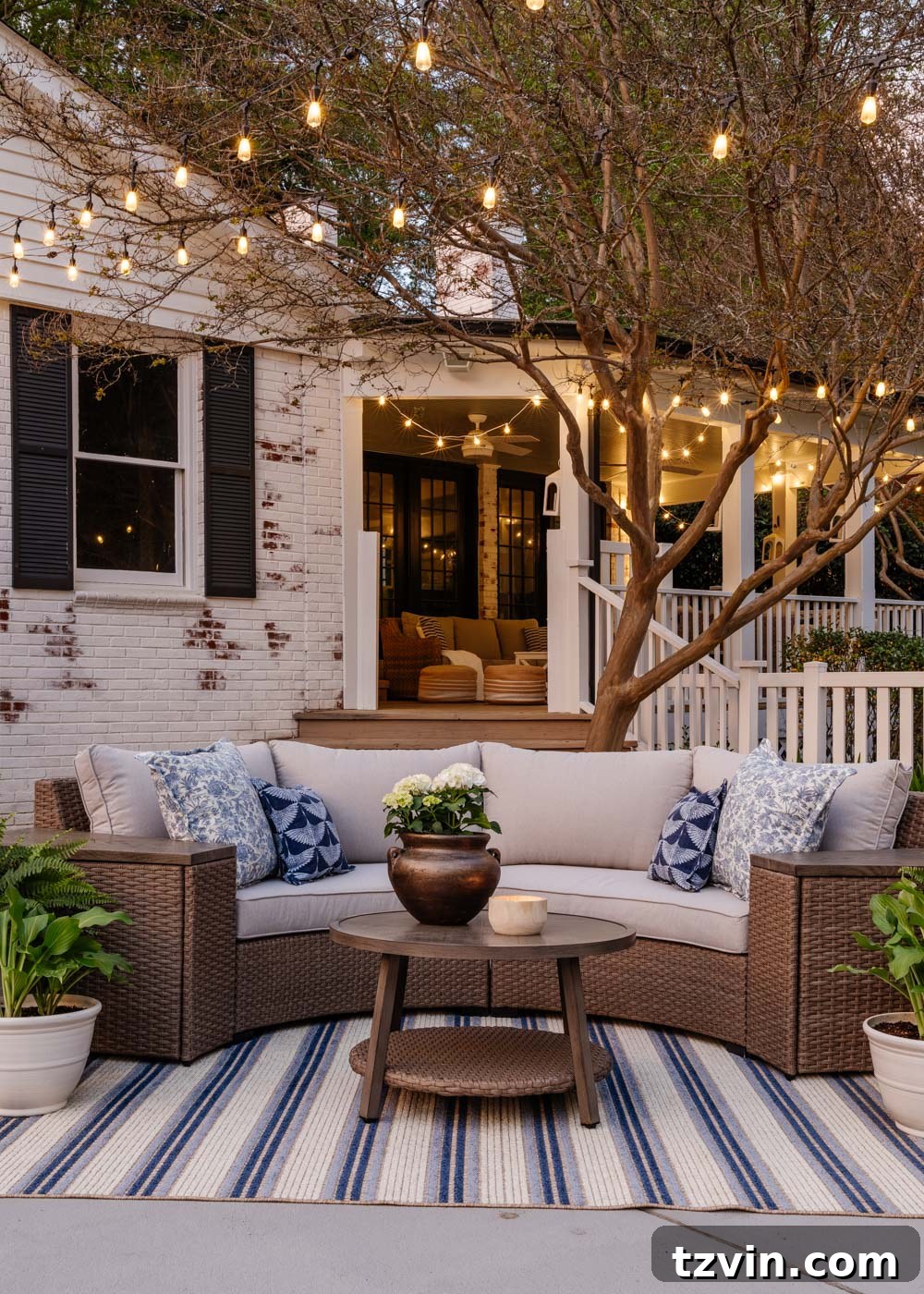 Savvy Buys for Your Outdoor Sanctuary 8 An inviting patio with comfortable backyard furniture illuminated by magical string lights, creating a warm evening ambiance.