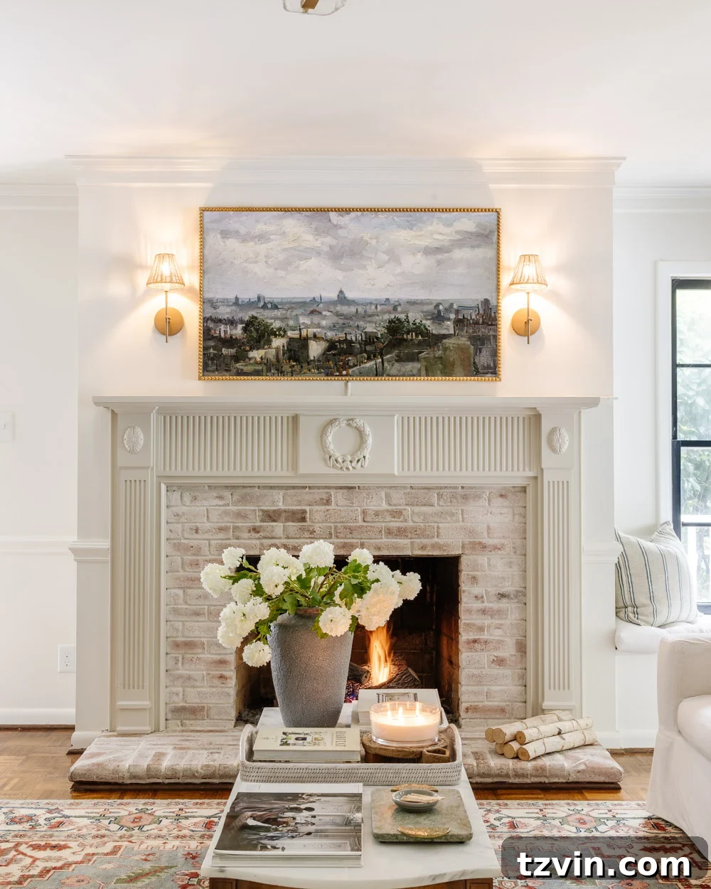 fireplace with ornate molding and spring coffee table decor
