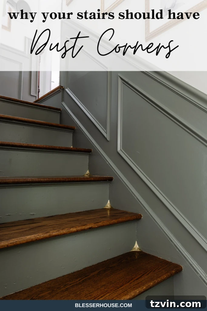 The Smart Way to Keep Your Stair Corners Dust-Free 7 Stair dust corners on a residential staircase, emphasizing vintage home charm and easy cleaning