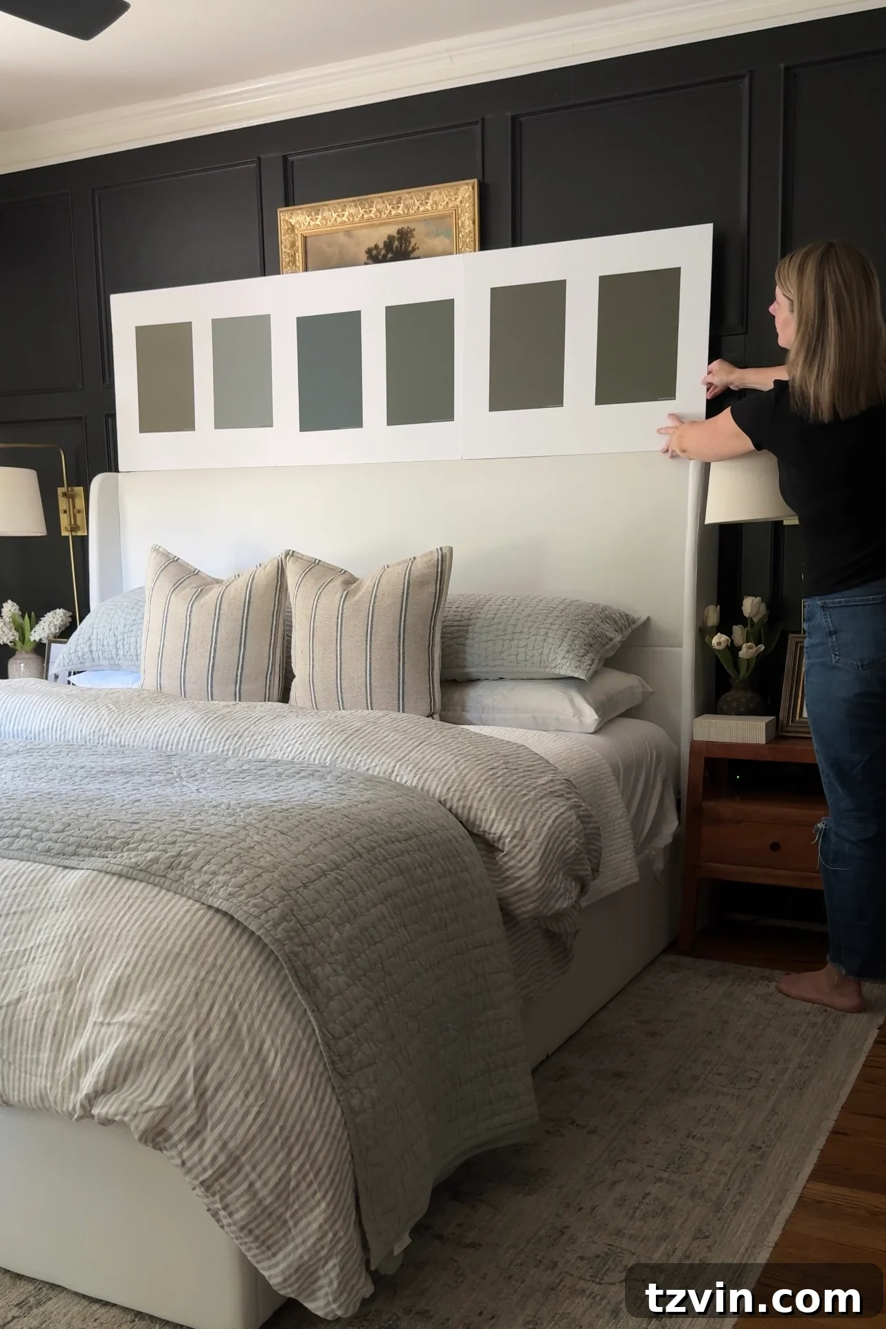 Olive Green: The Bedroom Color You Never Knew You Needed 6 testing olive green paint colors in a bedroom on white board