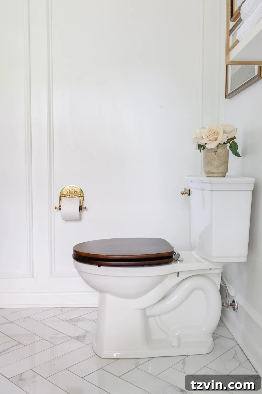 Brass Decor: Beyond Trends 7 toilet with wooden seat and brass toilet paper holder