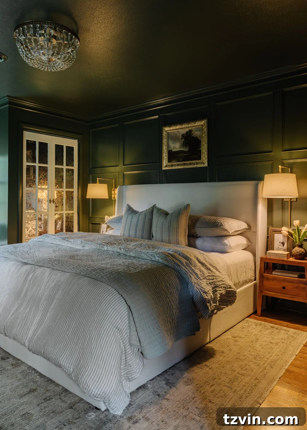 Elegant crystal fandelier with invisible blades illuminating a serene bedroom