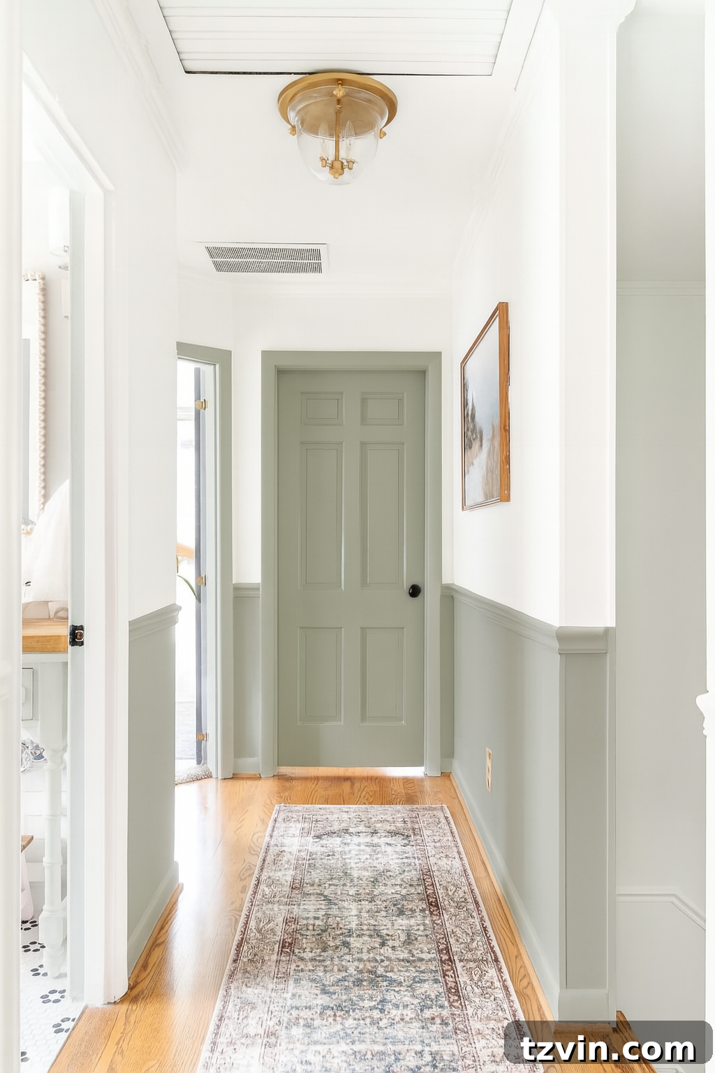 Our Hallway Vision: Mood Board and Renovation Blueprint 5 Hallway design concept using ChatGPT visualization, featuring Sherwin Williams Willowleaf paint on wainscoting and doors, contrasted with white walls and ceiling for an elevated look