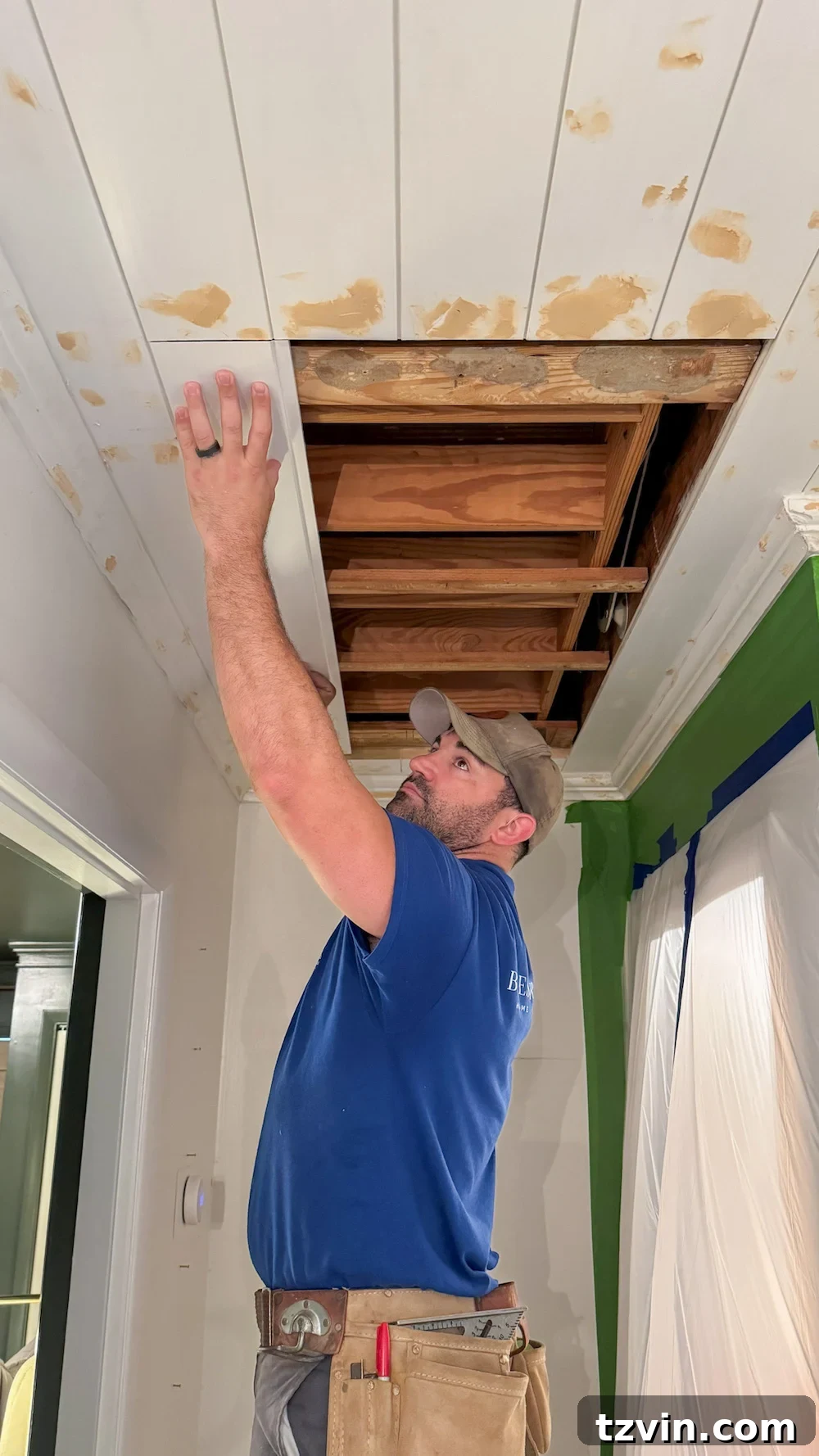 how to hide attic door in ceiling with tongue and groove
