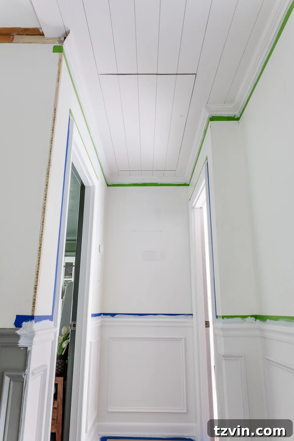 how to hide attic door in ceiling with tongue and groove