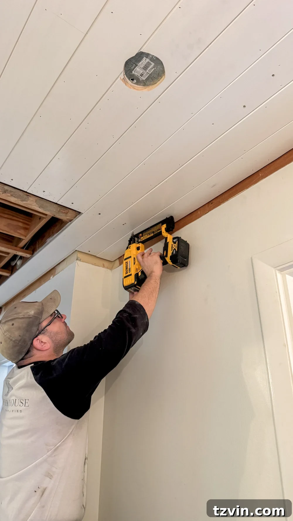 how to hide attic door in ceiling with tongue and groove