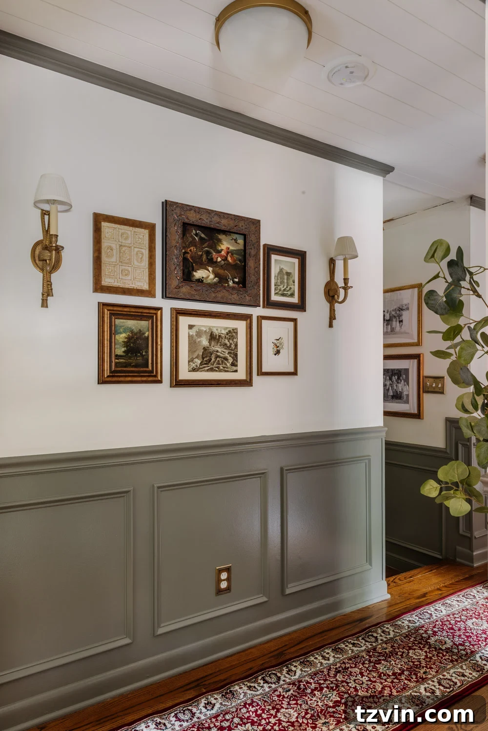 Design Hacks for Expansive Hallways 6 Close-up of a flush mount light fixture in a narrow hallway