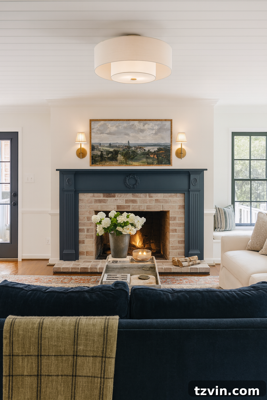 AI living room mockup using ChatGPT to create a creamy white living room with black doors and navy blue fireplace mantel