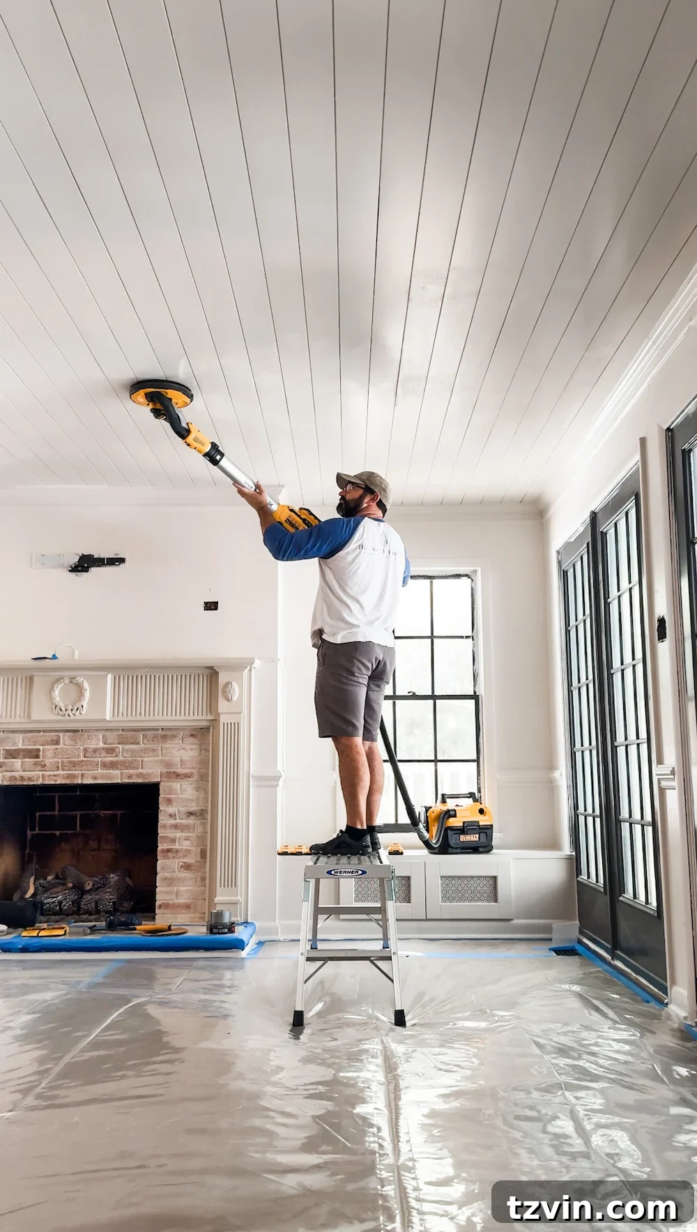 DIY Shiplap Ceiling and Crown Molding Makeover 11 DIY shiplap ceiling sanding process