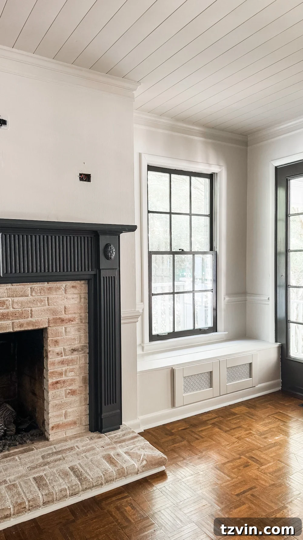 DIY Shiplap Ceiling and Crown Molding Makeover 3 DIY shiplap ceiling with traditional crown molding in a living room