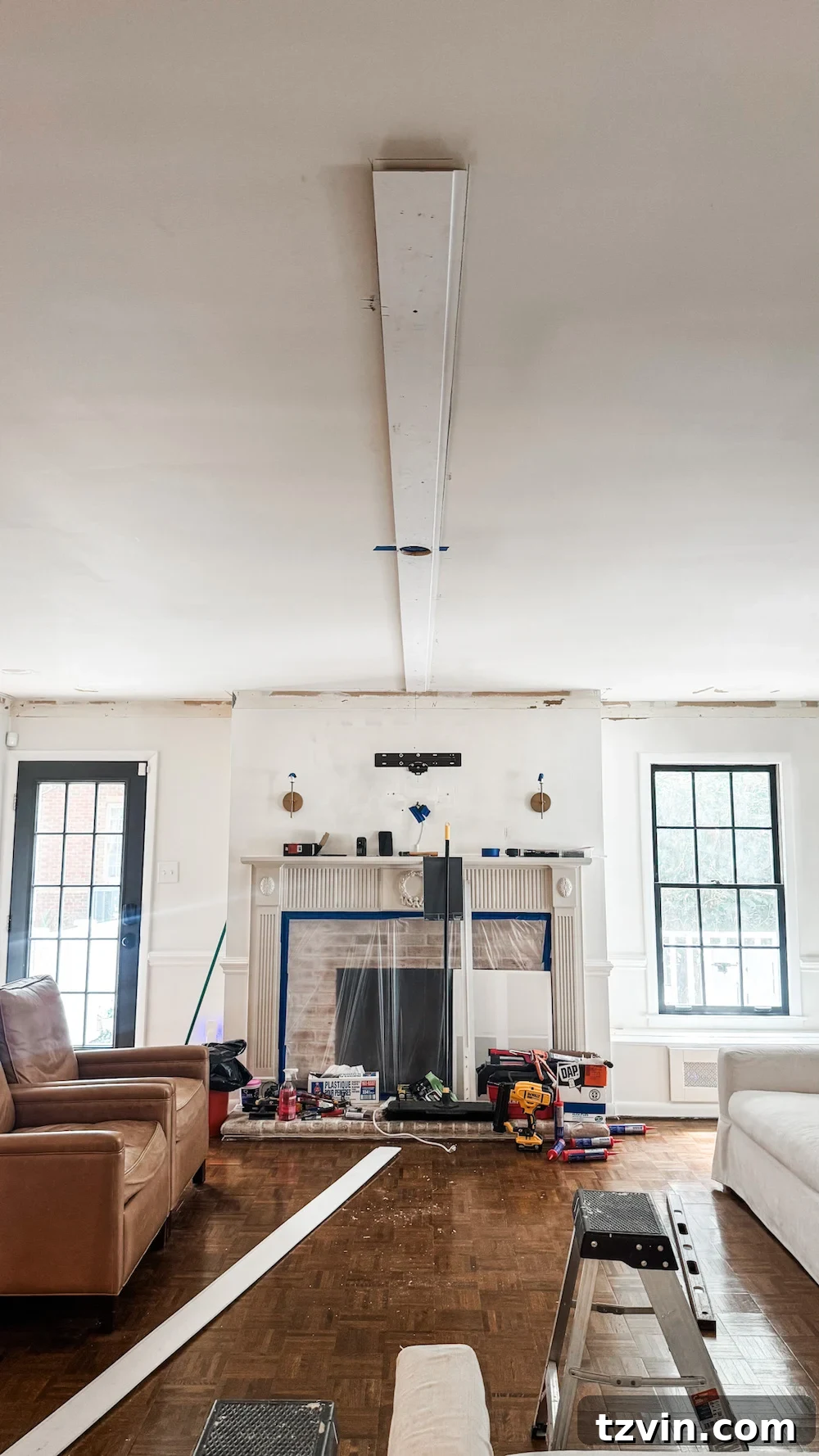 DIY Shiplap Ceiling and Crown Molding Makeover 5 DIY shiplap ceiling installation in progress