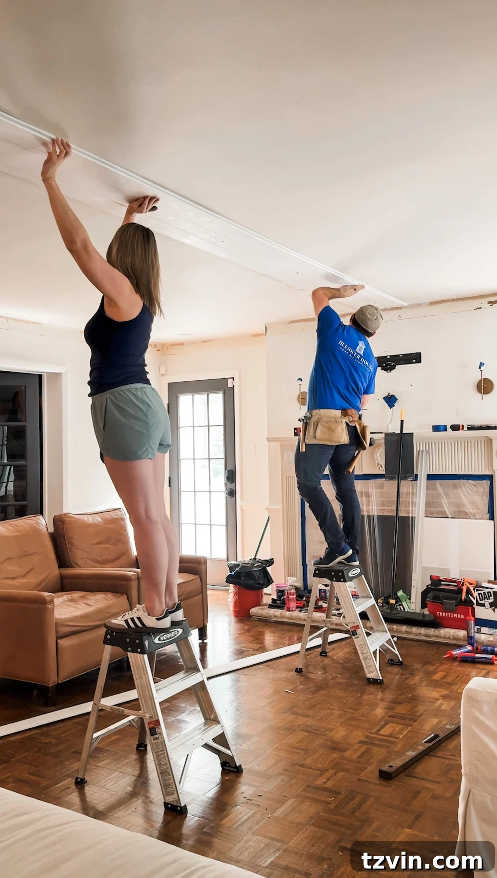 DIY Shiplap Ceiling and Crown Molding Makeover 6 DIY shiplap ceiling installation, planks being added
