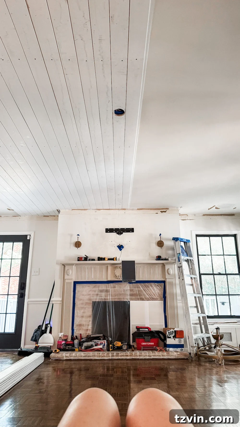 DIY Shiplap Ceiling and Crown Molding Makeover 7 DIY shiplap ceiling progress shot