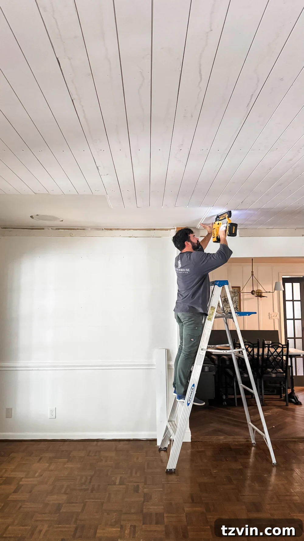DIY Shiplap Ceiling and Crown Molding Makeover 8 DIY shiplap ceiling fully covered with planks