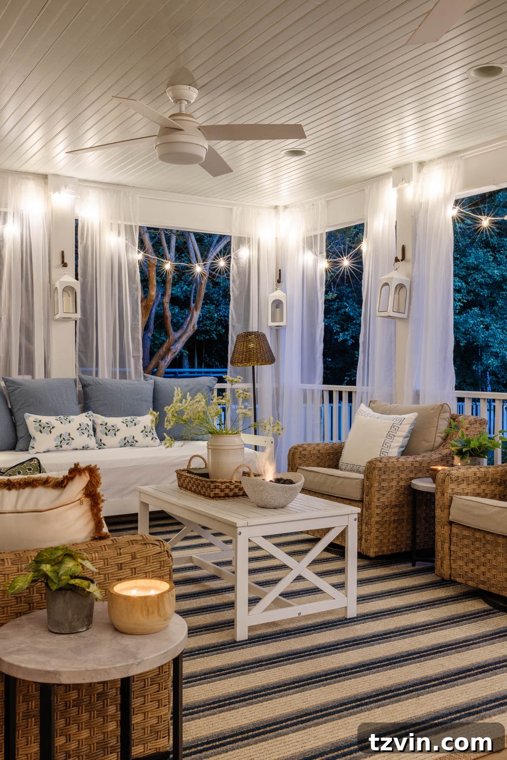 Transform Your Home This Long Weekend: 100+ Quick Ideas 8 Cozy back porch living room decorated with string lights for outdoor entertaining.