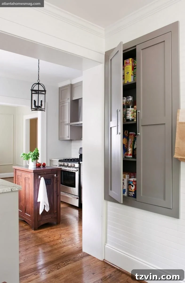 Slim recessed pantry shelves for cans and jars built into a kitchen wall.