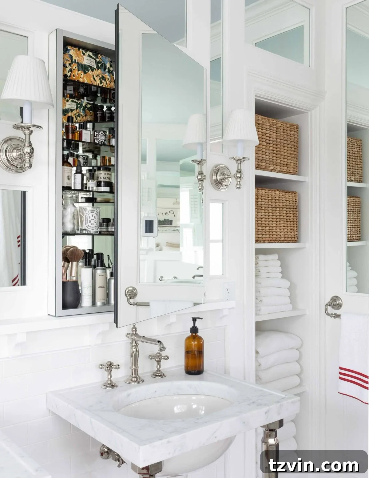 Modern recessed medicine cabinet with mirror in a stylish bathroom.