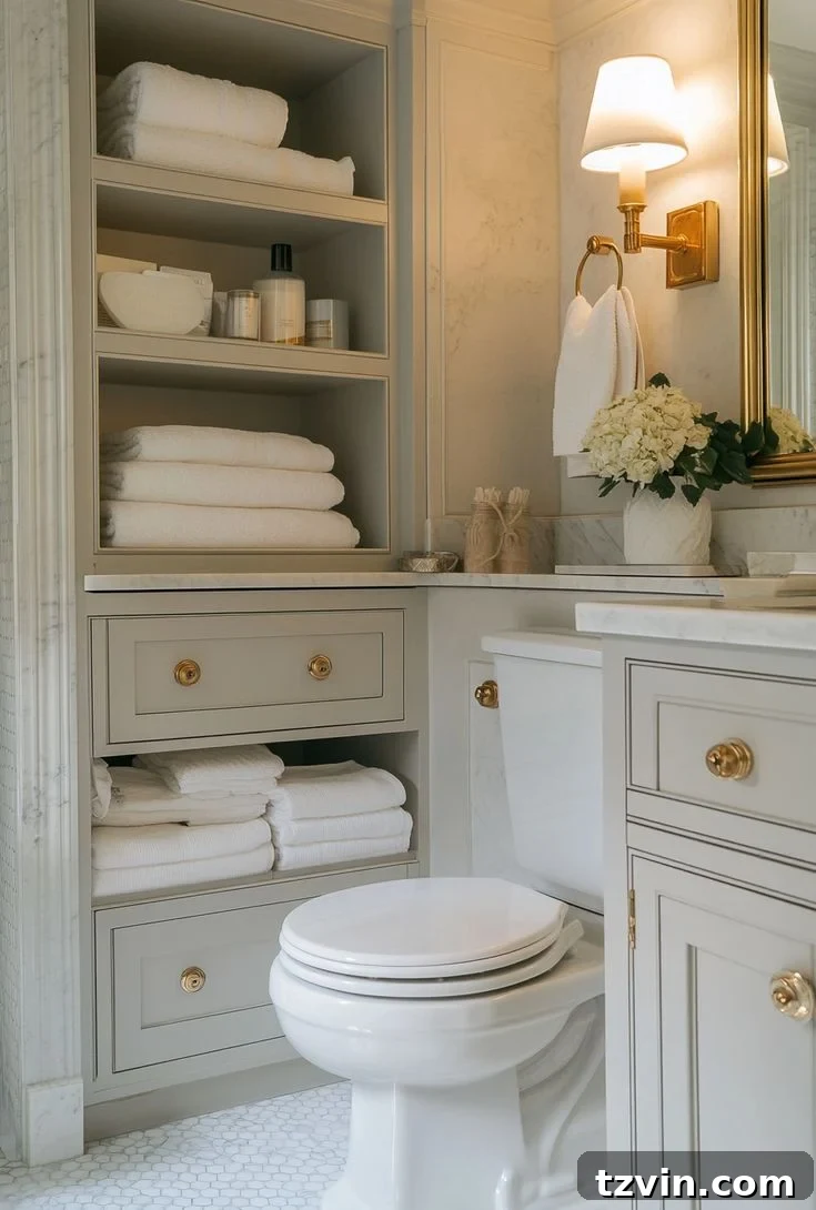 Recessed towel cubby built into a bathroom wall, holding folded towels.