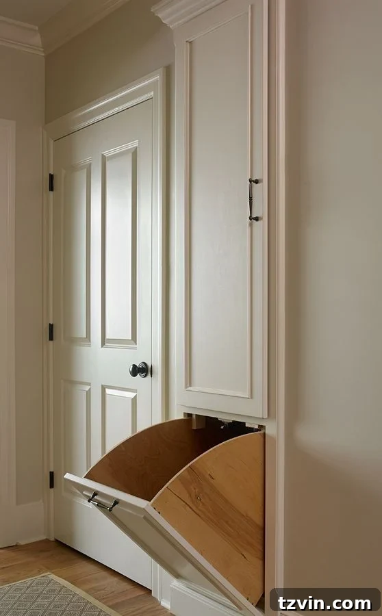 Recessed in-wall hamper with a pull-out basket, hidden between studs in a laundry room.