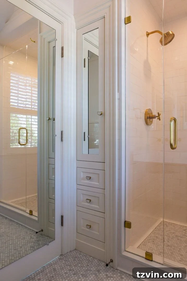 Recessed cabinet built into a bathroom wall, providing extra storage.