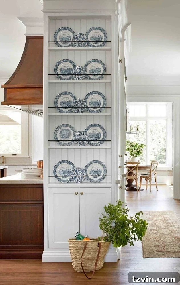 Stylish recessed plate rack built into a kitchen wall between studs, saving cabinet space.