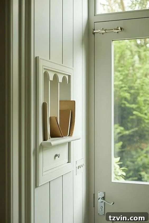 Recessed mail sorter built into a wall between studs in an entryway, keeping clutter off surfaces.