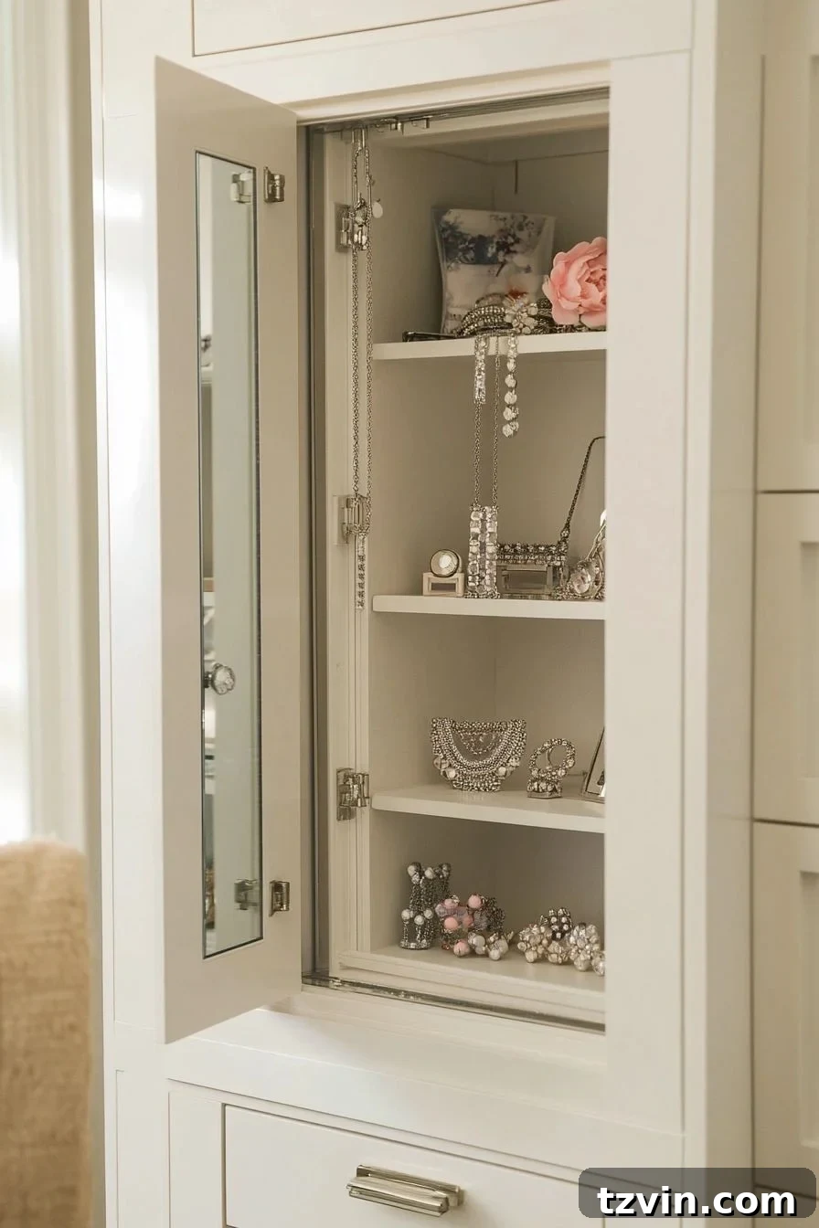Hidden recessed jewelry cupboard built into a wall, featuring shelves and hooks for organization.