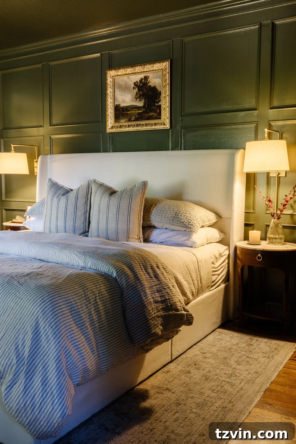 Tiny Bedroom Solutions: 20+ Space-Saving Nightstands 2 Cozy primary bedroom with a sleek, narrow bedside table featuring a marble top and walnut stain, providing a stylish solution for small spaces.