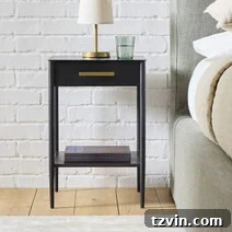 Tiny Bedroom Solutions: 20+ Space-Saving Nightstands 14 Contemporary narrow bedside table with two contrasting drawers and clean, modern lines.