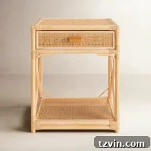 Tiny Bedroom Solutions: 20+ Space-Saving Nightstands 21 Bohemian-inspired slim nightstand with woven cane details and a natural wood frame, perfect for adding warmth.