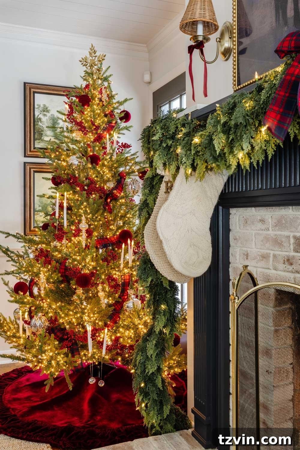 Festive Ralph Lauren Style on a Dime 13 Cable knit stockings on navy blue mantel