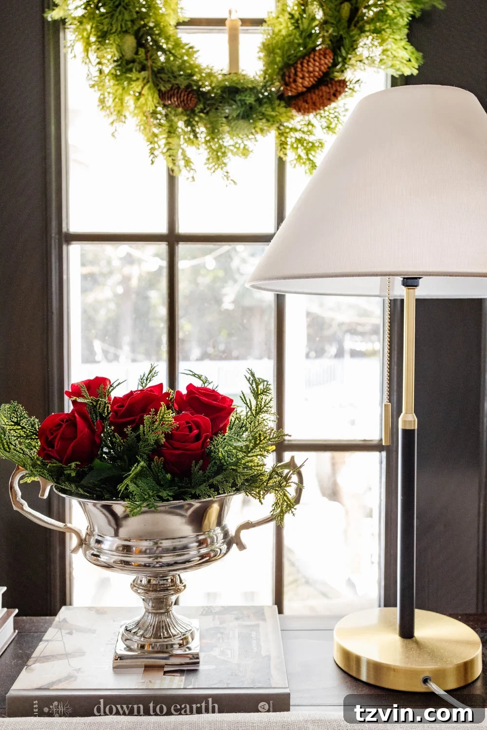 Festive Ralph Lauren Style on a Dime 4 Silver urn with red roses and pine stems