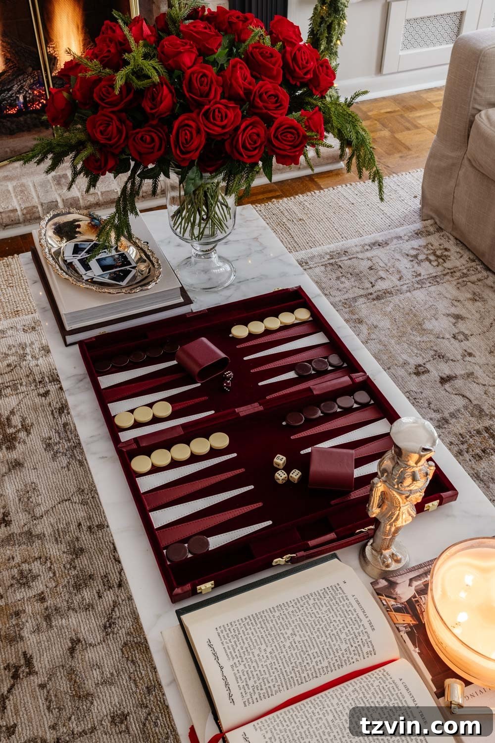 Festive Ralph Lauren Style on a Dime 6 Burgundy velvet backgammon board on coffee table